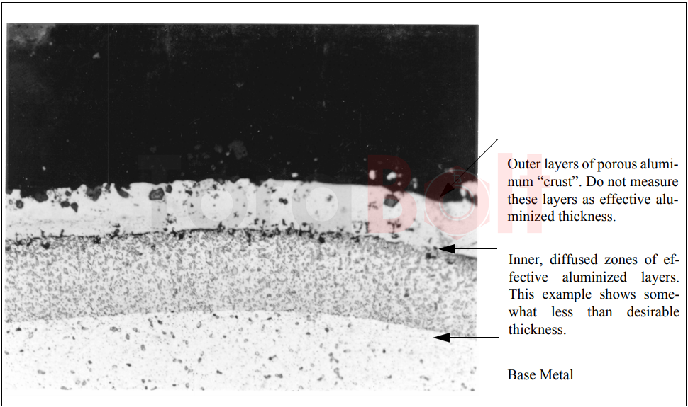 Figure 1: Micrograph at 500X Showing Aluminized Zones (10% Oxalic Electrolytic Etch, 0.5 
amp, 5 seconds) 